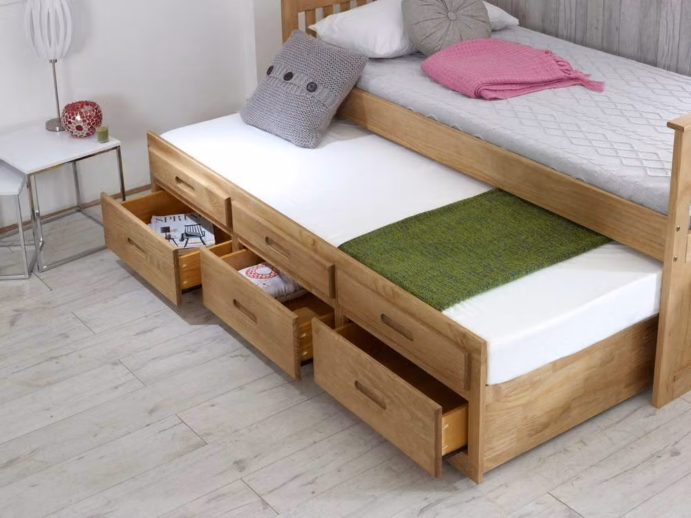 MissionTM Solid Pine Captains Guest Bed Frame with Trundle and 3 Storage Drawers, Natural Waxed, W/D/H: 90 x 190 cm – 2