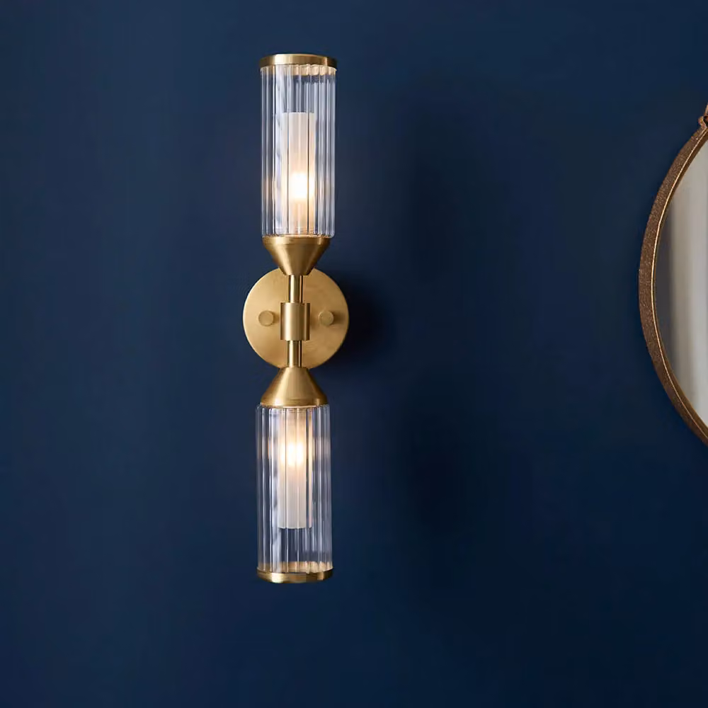 Loops 2 Pack Satin Brass Twin Wall Lights with Ribbed Clear Glass Shades – 2