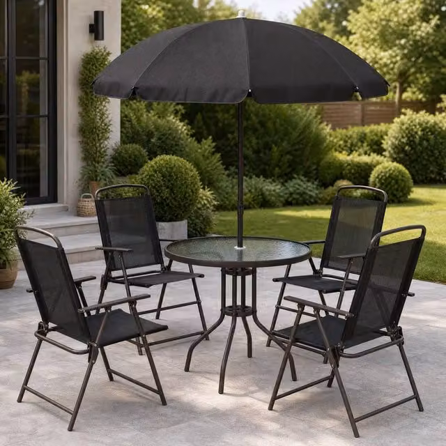 STILVORA Modern Garden Dining Set with Round Glass Table and 6 Black Folding Chairs