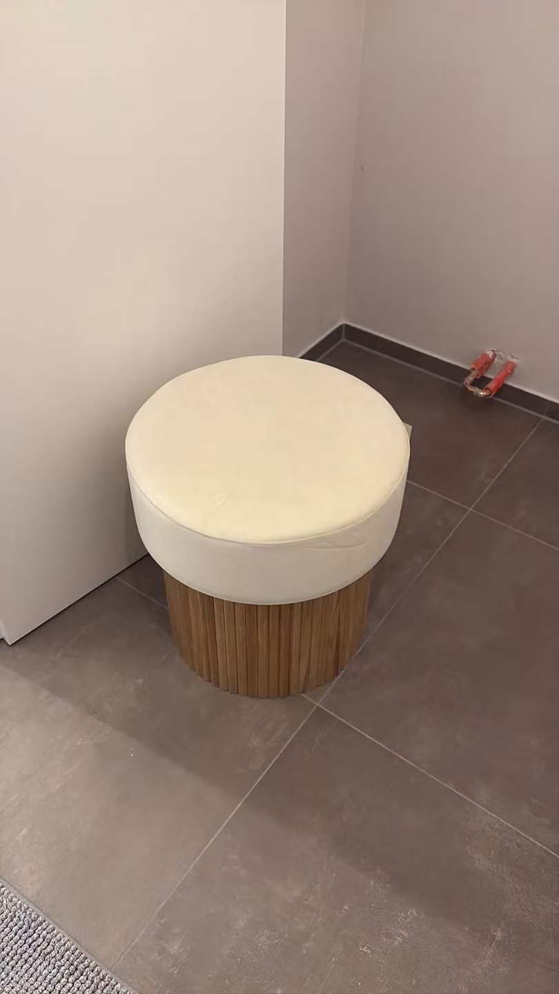 Nordlys Beige Bouclé Cylindrical Pouf with Brown Wooden Base – 3