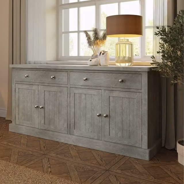 FWStyle Rustic Solid Reclaimed Pine Sideboard with 2 Drawers and 4 Doors in White and Grey Limewashed Finish