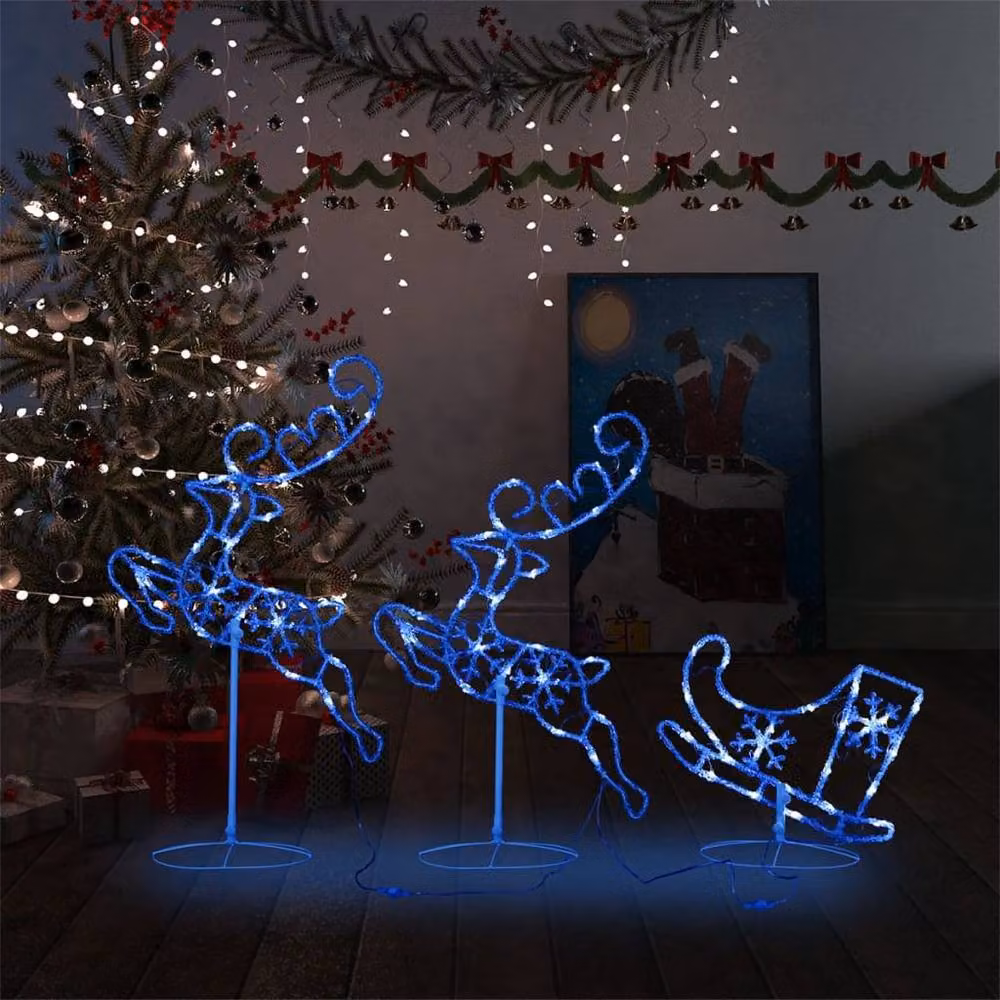 Berkfield Home Blue Acrylic LED Flying Reindeer and Sleigh Garden Decoration W/D/H: 260 x 21 x 87 cm – 2