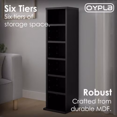 Oypla 6 Tier Black Wooden CD DVD and Book Storage Tower Rack with Adjustable Shelves – 5