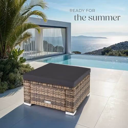 tectake Bitonto Footstool in Brown and Beige with Rattan and Metal Construction – 2