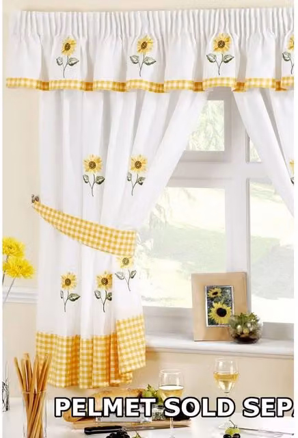 Alan Symonds Sunflower Floral Pencil Pleat Curtains in White and Yellow, Height: 168 cm