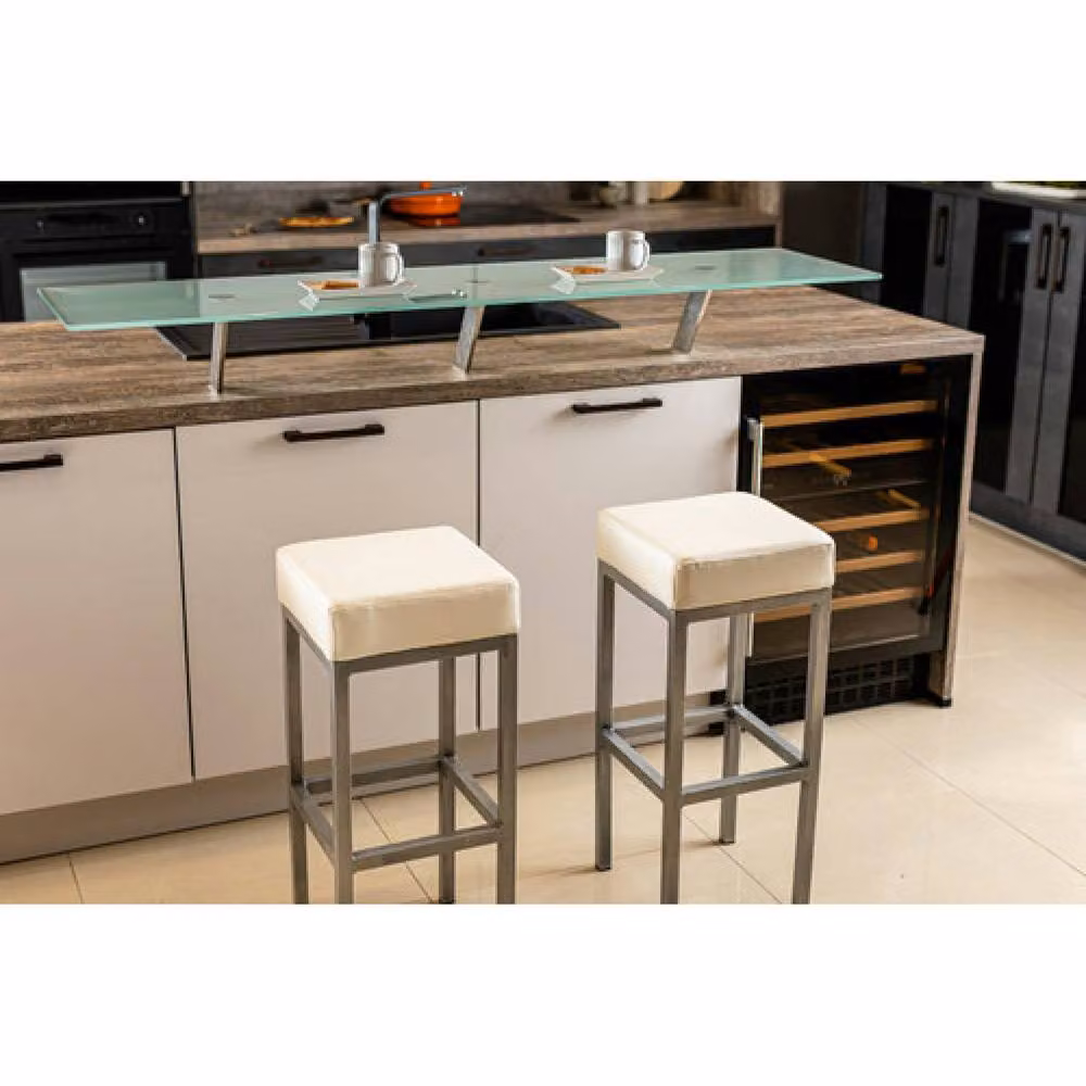 netfurniture Modern Cube Shape Kitchen Bar Stool with White Faux Leather Padded Seat and Metal Frame – 2