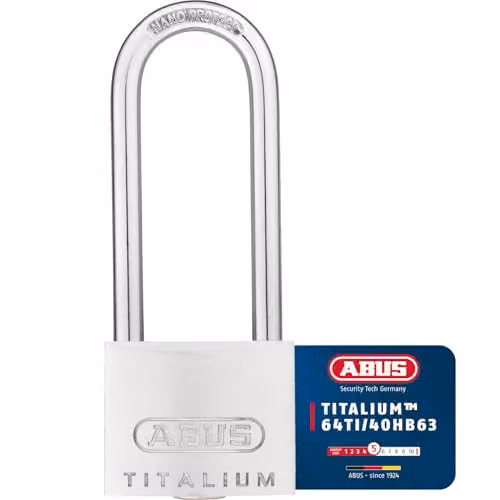 ABUS Titalium Aluminium Alloy Padlock with 63 mm Long Shackle, White and Silver, 40 mm