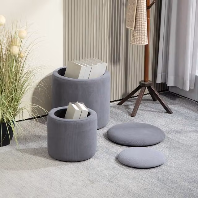 HOMCOM Modern Grey Fabric Cylindrical Storage Ottoman with Removable Top Pad