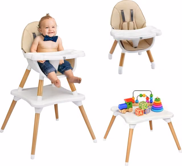 COSTWAY 4-in-1 Convertible Baby High Chair with Five-Point Harness in Brown and Beige