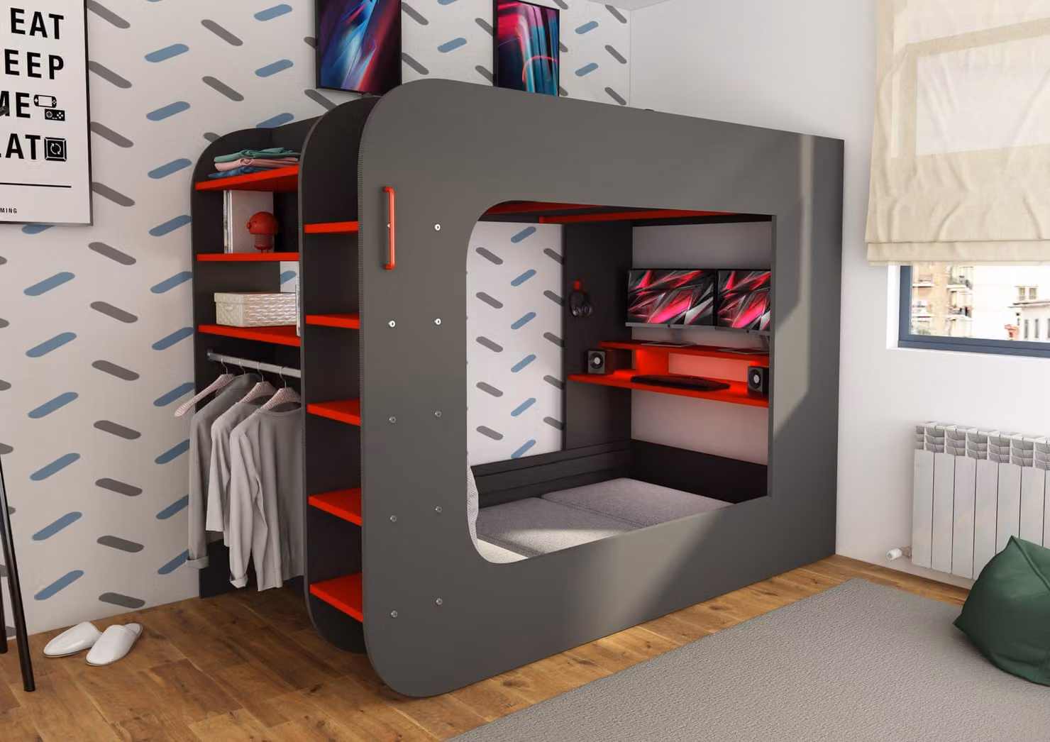 Dreams Marshall Loft Pod Gaming High Sleeper with Cotton Futon and Side Compartments, Anthracite, Grey or Red, 90 x 190 cm