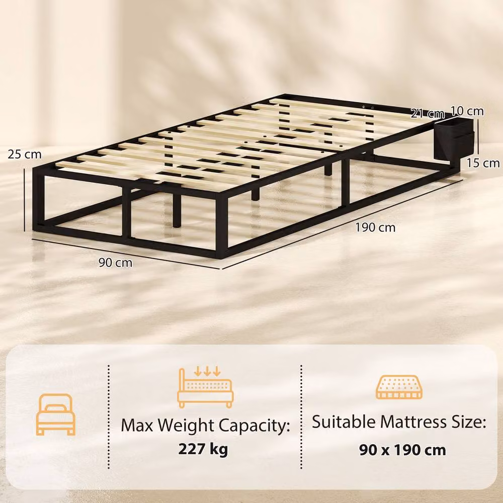 HOMCOM Single Metal Platform Bed Frame with Storage Bags in Black, W/D/H: 90 x 200 cm – 3