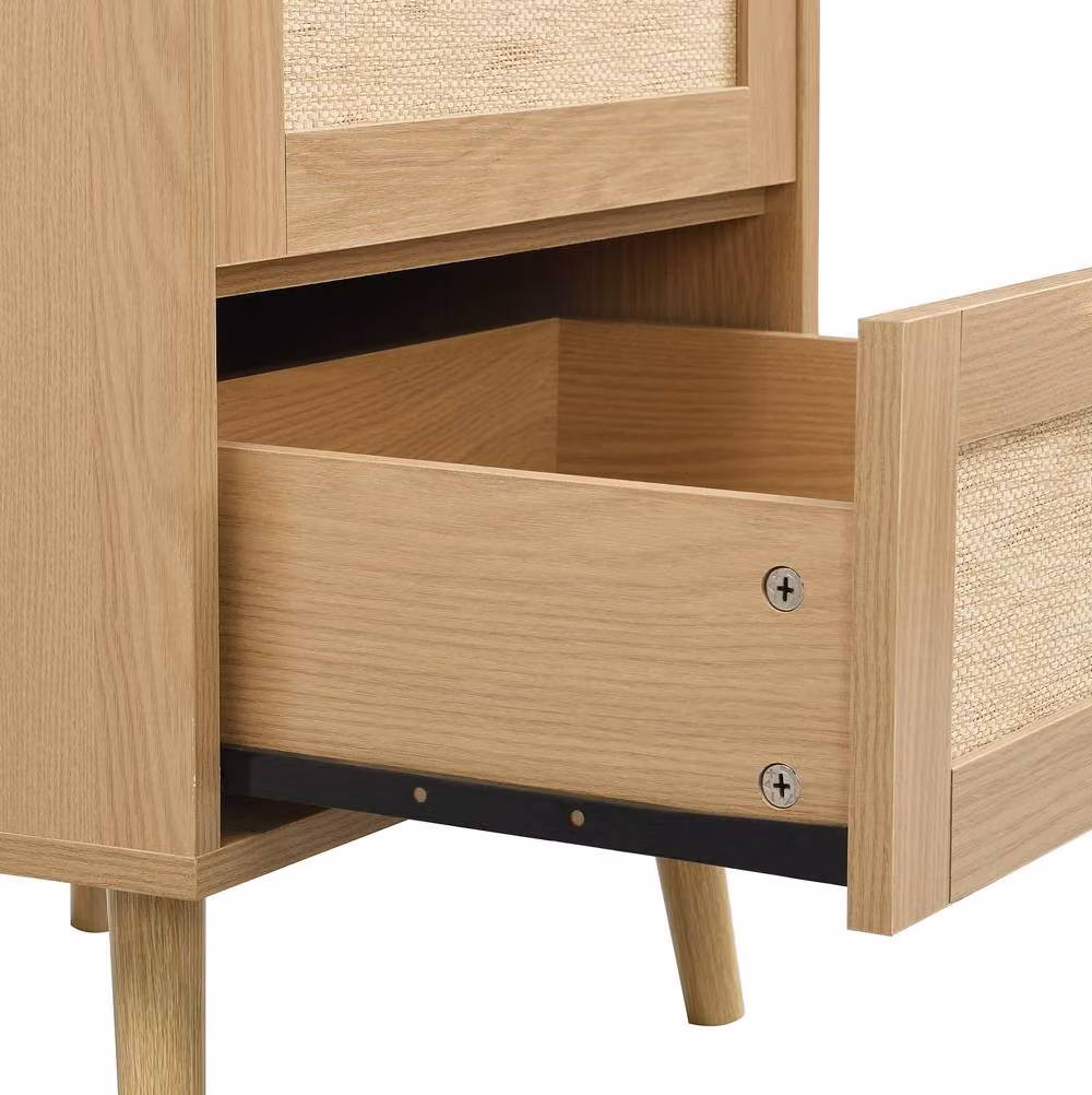 STILVORA Set of 2 Modern Bedside Tables with 2 Drawers in Natural Oak and Rattan – 4