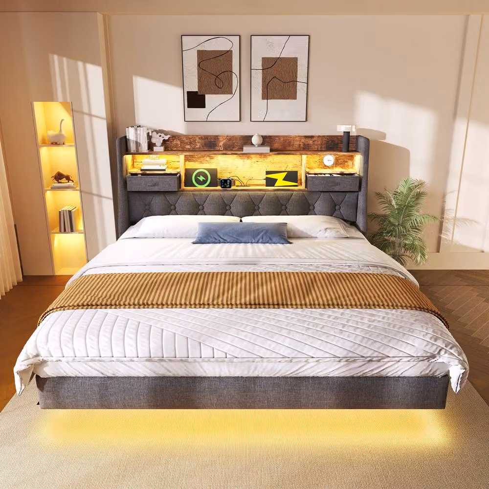 Rolipo Grey Linen Upholstered 4ft6 Double Floating Bed with LED Lighting, USB Charging Ports and Side Compartments, W/D/H: 140 x 200 x 137.16 cm – 7