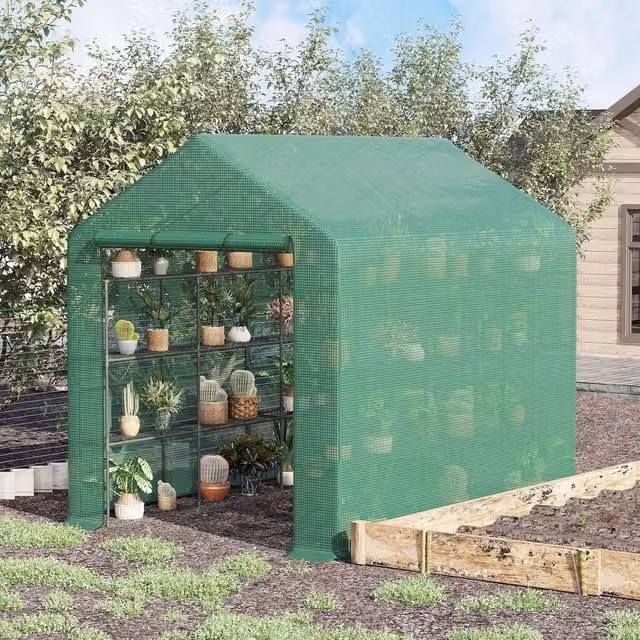 Outsunny Walk-in Garden Greenhouse Polytunnel with Shelving, Green, W/D/H: 180 x 210 x 244 cm – 1