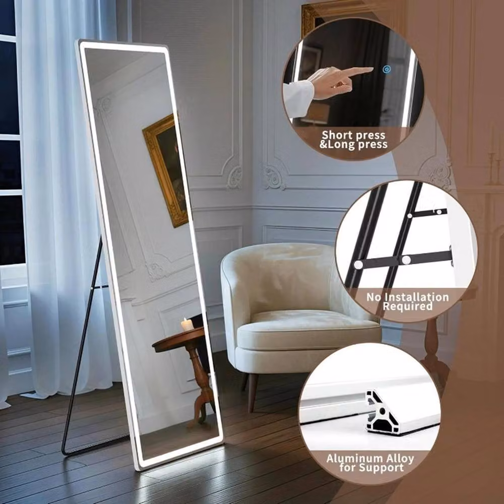 Havendro LED Full Length Rectangular Mirror in White, Wall or Floor Mounted with Dimmable Touch Switch – 3