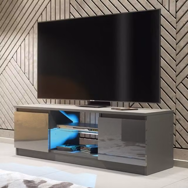 Mex Furniture LTD Modern Glossy TV Unit with LED Lighting in Dark Grey, W: 120 cm, D: 40 cm, H: 38 cm