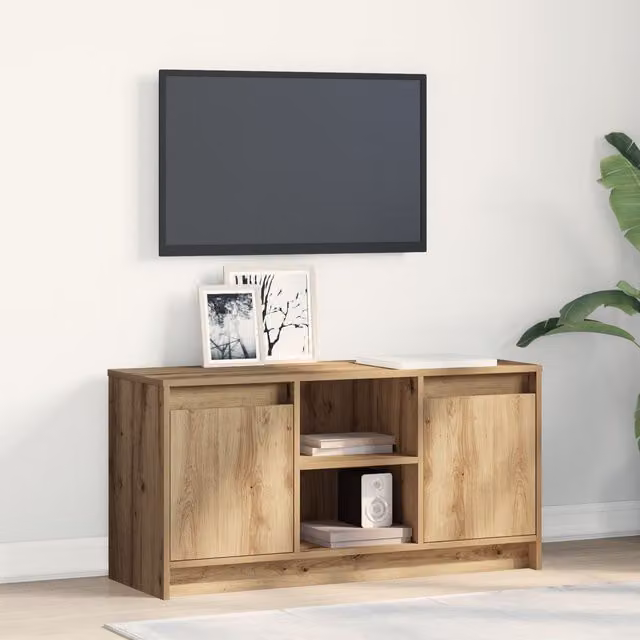 Berkfield Home Modern TV Cabinet with LED Lights in Artisan Oak Brown, W/D/H: 100 x 34 x 50 cm