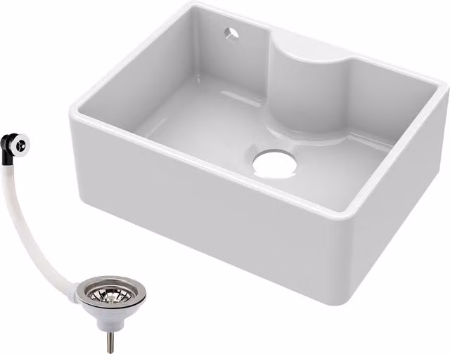 Balterley White Fireclay Butler Sink with Tap Ledge and Overflow, W: 59.5 cm, D: 45 cm, H: 22 cm