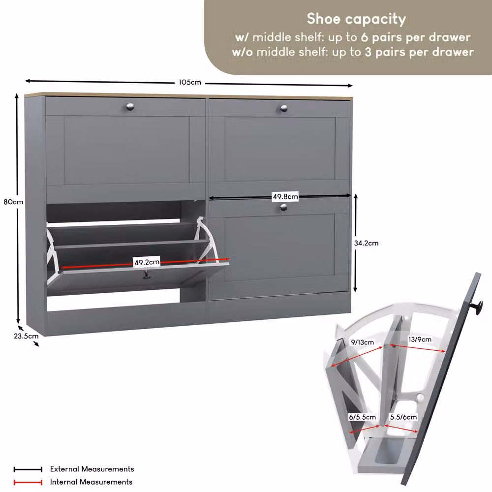 Vida Designs Modern Grey Flip Down Shoe Cabinet with Tilting Compartments and LED Lighting – 2