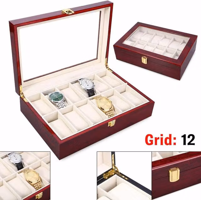 FORGEVIO Red Wood Watch Display Case and Jewelry Storage Box with Gold Accents, Width: 50.0 cm