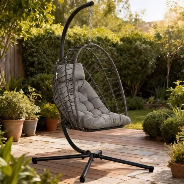 ERGOVEXA Modern Outdoor PE Rattan Egg Swing Chair with Stand and Cushions, Light Grey