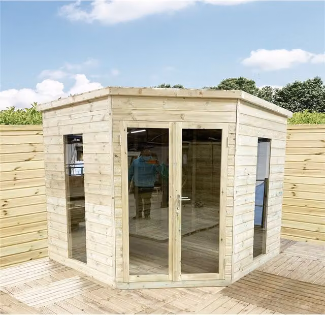 Marlborough Green Pressure Treated Pent Corner Summerhouse with Floor and Lock
