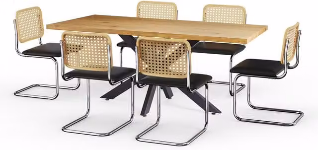 VonHaus Brown Rattan Effect Rectangular Dining Table and Chairs Set with X-Frame Metal and Wood Design