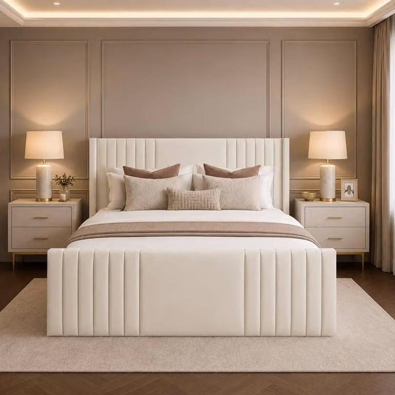 Desire Deco Carolyn Plush Velvet Upholstered Wingback Panel Bed Frame in Beige, W/D/H: 120 x 200 cm