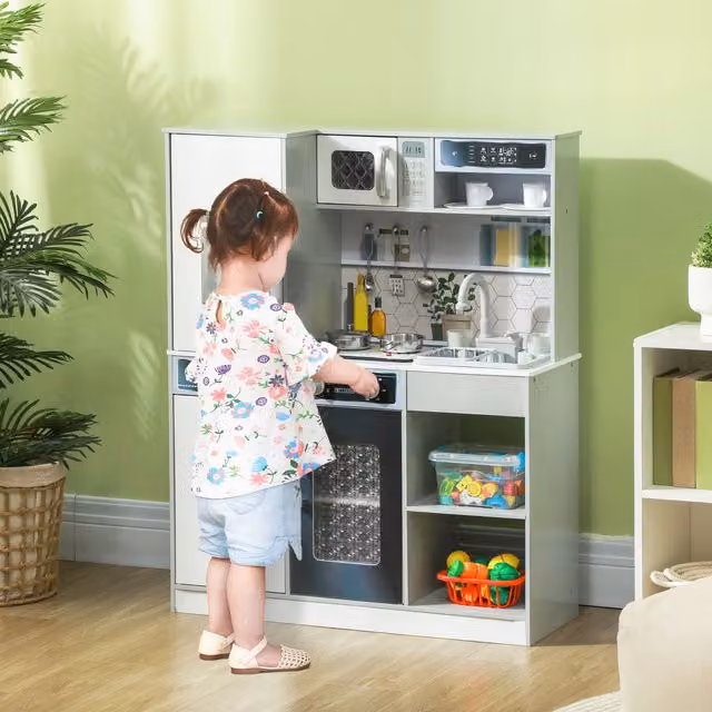 AIYAPLAY Play Kitchen with Sounds, Lights and Running Water, White