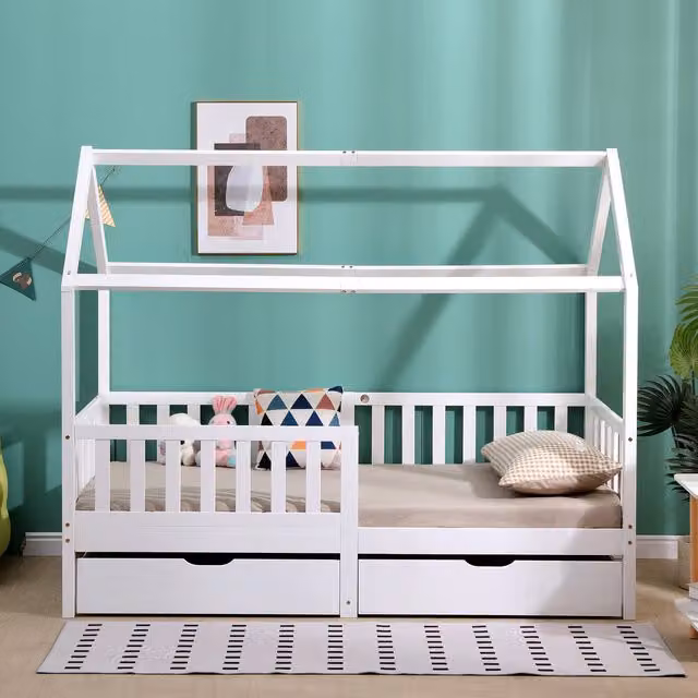 HMD White Solid Pine Wood Kids House Bed Frame with 2 Storage Drawers