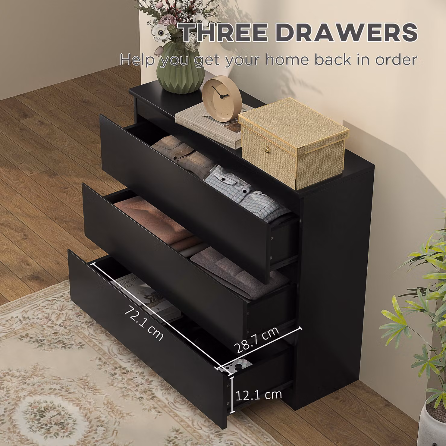 HOMCOM 3-Drawer Chest of Drawers, Modern Black Storage Organiser Unit for Bedroom and Living Room – 4