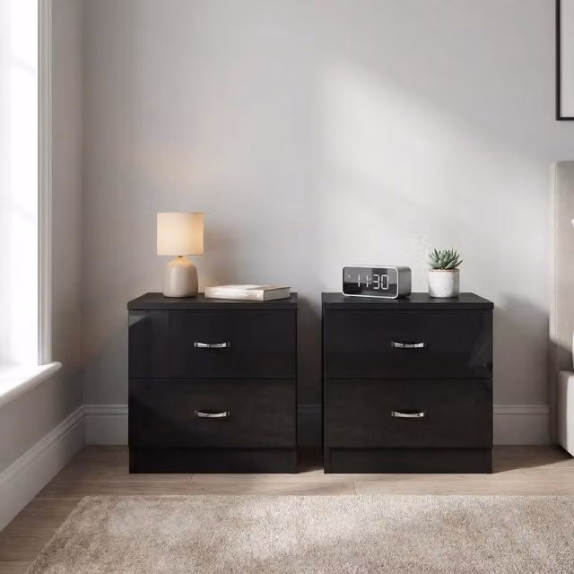 FWStyle Pair of Black Gloss 2 Drawer Bedside Tables with Polished Metal Handles
