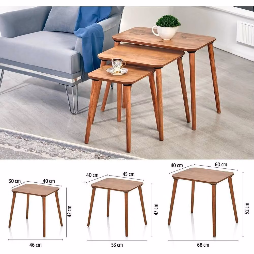 VOGREX 3-Piece Brown Wooden Nesting Coffee Table Set with Rounded Minimalist Design – 2