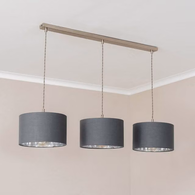 ValueLights Reni 3 Drop Bar Metallic Shade Pendant Ceiling Light in Brushed Chrome and Grey with Bulbs