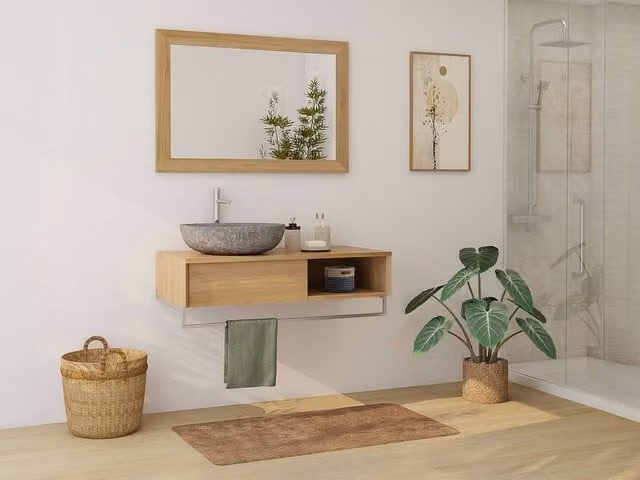 Vente-unique Kupang Suspended Teak Vanity Unit with Towel Rail in Light Oak Brown, Width: 105 cm