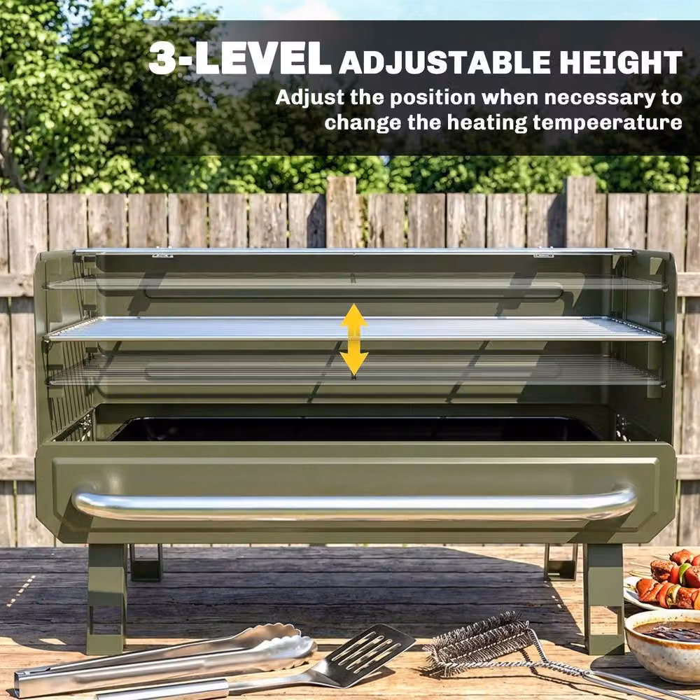 Outsunny Portable Tabletop Charcoal Barbecue Grill with Stainless Steel Warming Rack in Green – 5