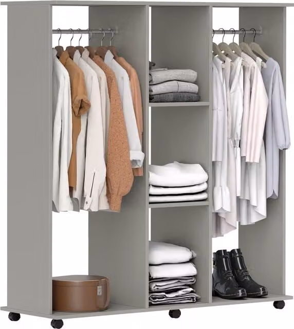 HOMCOM Double Open Wardrobe on Wheels with Clothes Hanging Rail and 3 Storage Shelves, Grey, W/D/H: 120 x 30 x 128 cm – 1