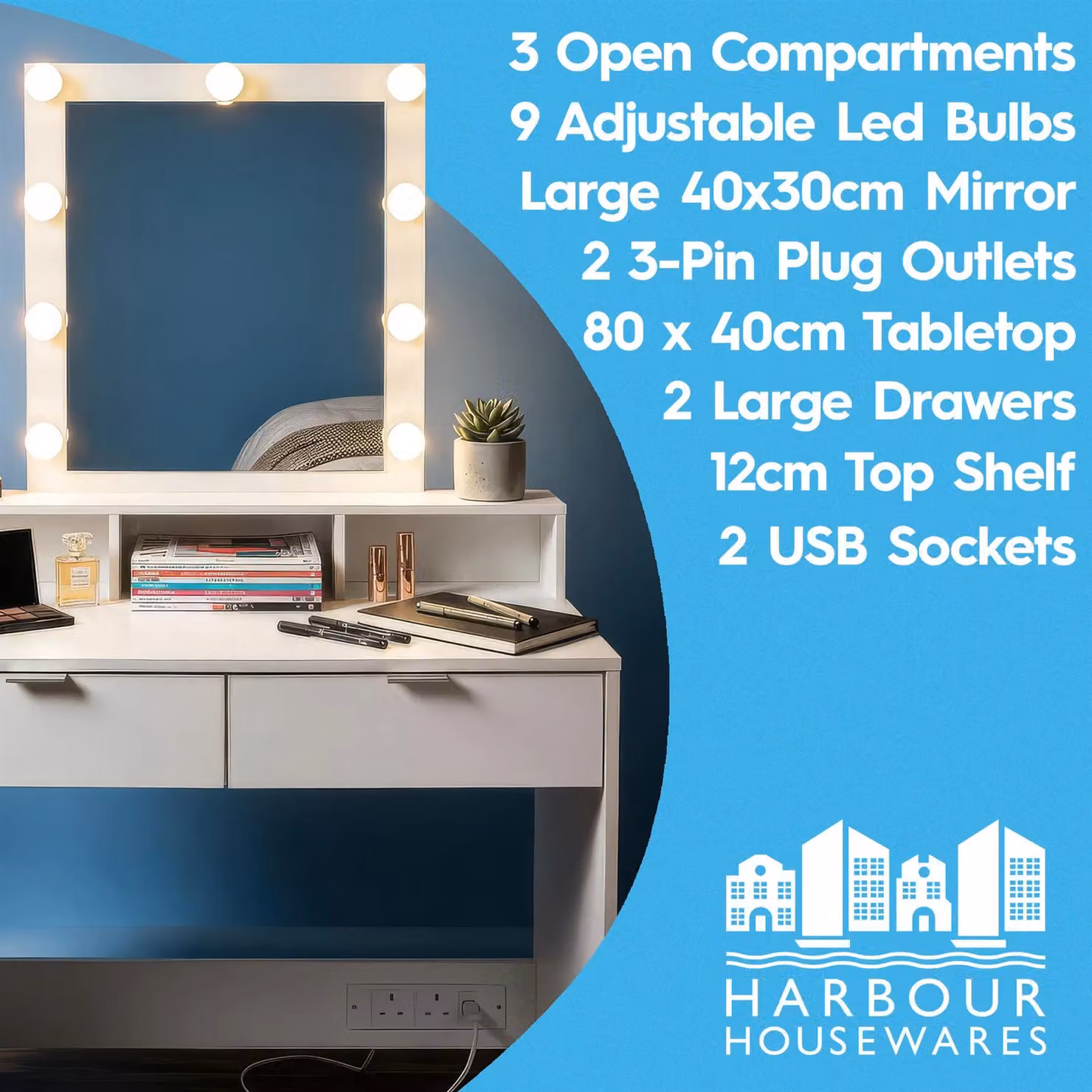 Harbour Housewares Modern Wooden Dressing Table Set with LED Lights and Stool in Grey and White – 3