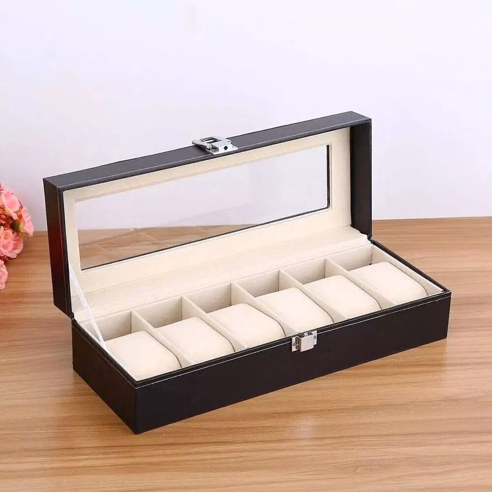 FLAVORA 6 Slot Leather Watch Display Storage Box with Lid and Glass, Black, W/D/H: 50.0 x 11.0 x 50.0 cm – 2