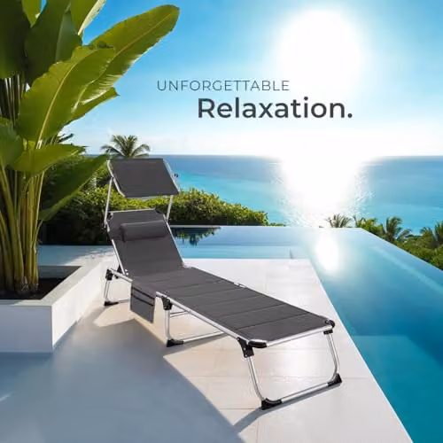 tectake Lorella Folding Sun Lounger in Grey with Sun Canopy and Adjustable Headrest, Powder Coated Aluminium Frame and Textilene Fabric – 6
