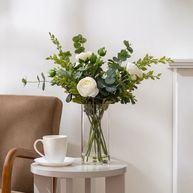 Scottish Everlastings Ltd Ranunculus Floral Arrangement in Green and White Glass Vase, Height: 55 cm – 1