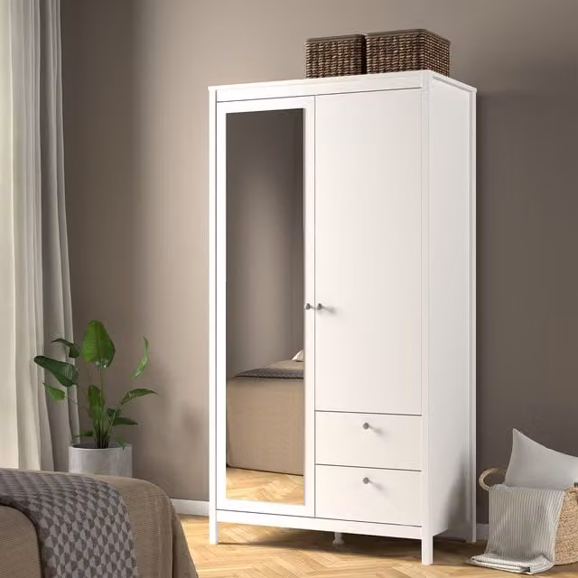 Furniture To Go Madrid Wardrobe in White with 1 Mirror Door, 1 Door and 2 Integrated Drawers