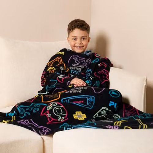 OHS Kids Wearable Fleece Gaming Blanket with Sleeves, Black, W 125 cm x H 125 cm – 2