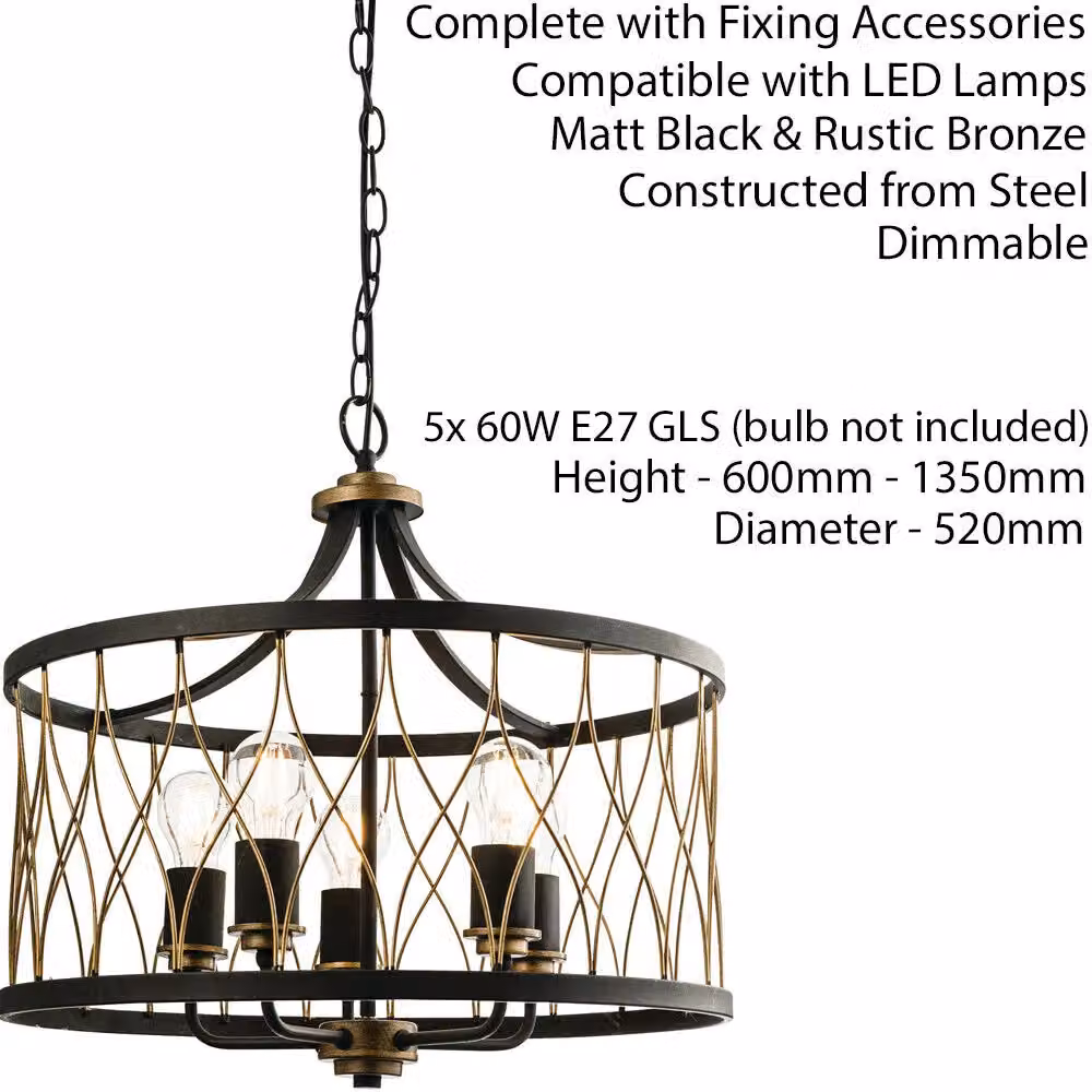 Loops Vintage 5-Bulb Multi Light Ceiling Pendant in Matt Black and Bronze – 2