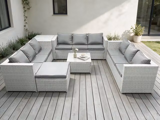Fimous Grey U-Shape PE Rattan Garden Furniture Set with 3-Seater Sofa, Coffee Table and Ottoman