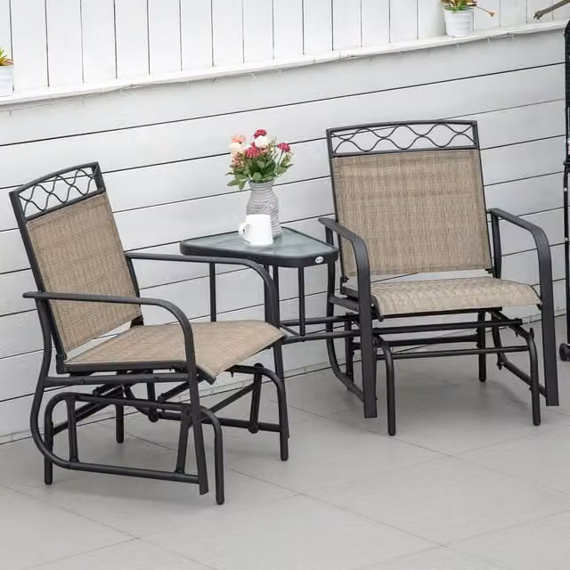 Outsunny Double Outdoor Glider Chair, 2 Seater Brown Fabric and Metal Patio Rocking Chairs with Armrests and Side Tray