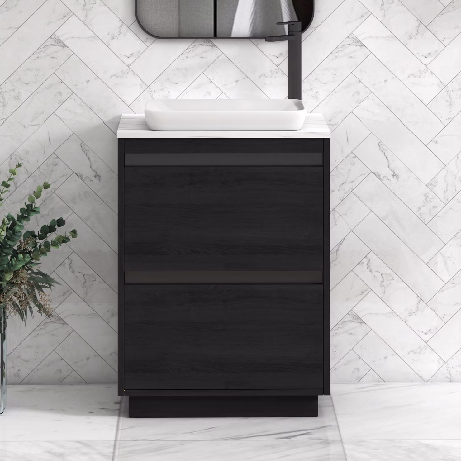 Royal Bathrooms Orion 600mm Hale Black Floor Standing Vanity Unit with Qubix Basin and Carrara White Countertop, 2 Drawers, Black Accent Trim