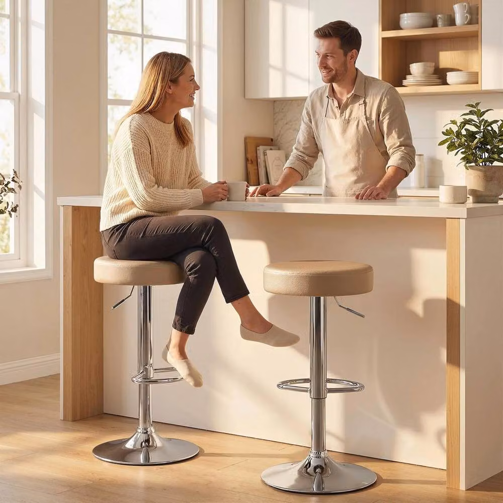 KORVIXA Set of 2 Brown Height Adjustable Swivel Bar Stools with Synthetic Leather and Metal Base – 2
