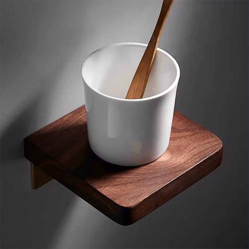 Nes Home Wall-Mounted Luxury Ceramic Toothbrush Holder with Shelf in Walnut Wood, White and Brushed Gold – 2