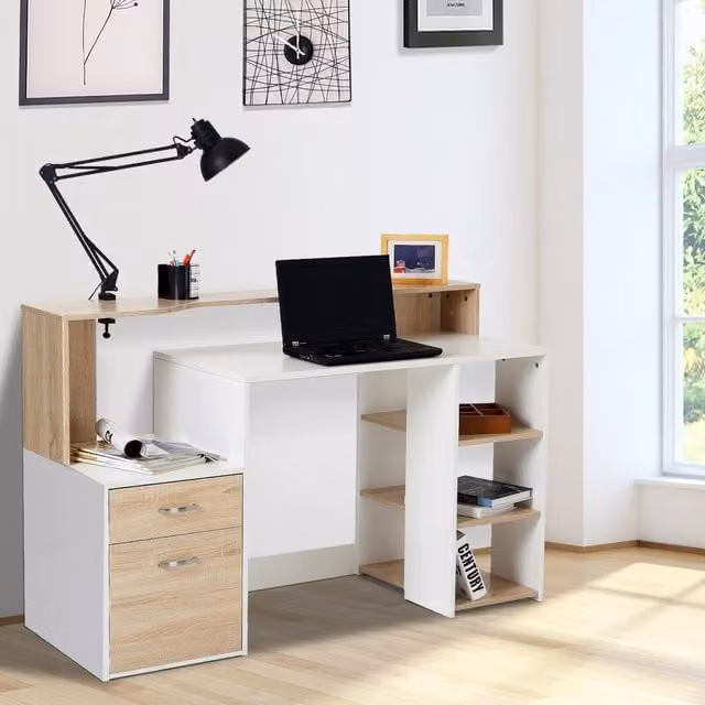 HOMCOM Modern Computer Desk with Single Pedestal in Oak and White